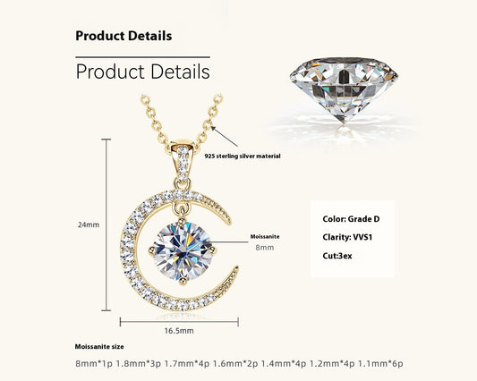 Women's Minimalist Pure Silver Crescent Shaped Moissanite Pendant Necklace